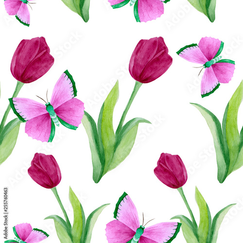 Fototapeta Naklejka Na Ścianę i Meble -  Spring seamless watercolor floral pattern, tulips with butterflies, on a white background. Design for paper, textile printing