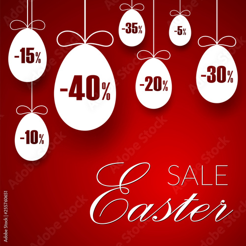 Easter sale banner. Easter hanging eggs, cartoon ribbon bow, red background. Tag template for holiday Easter decoration, label discount, special offer. Lettering text design. Vector illustration