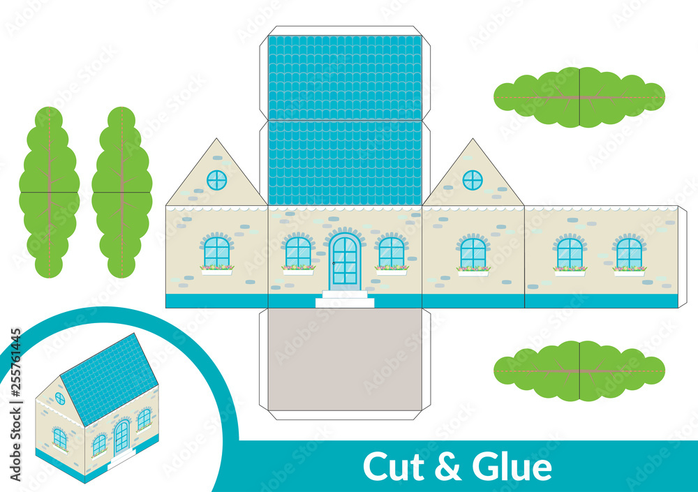Cut and glue a house. Children art game for activity page. Paper 3d model. Vector illustration.