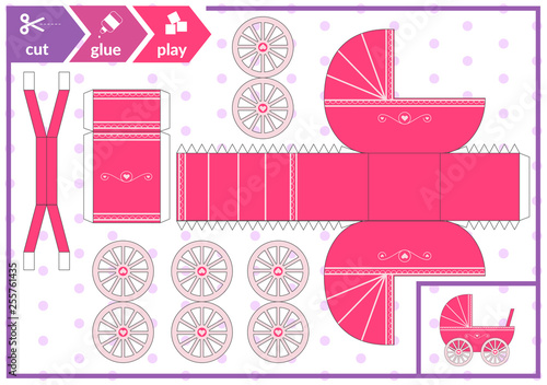 Cut and glue a baby carriage. Children art game for activity page. Paper 3d pram. Vector illustration.