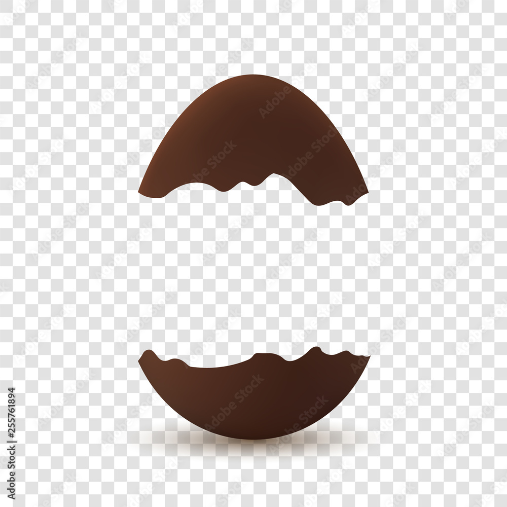 Easter broken egg. Chocolate brown open egg, isolated white transparent background. Traditional sweet candy dessert, decoration Happy Easter celebration. Design element holiday. Vector illustration Easter broken egg. Chocolate brown open egg, isolated white transparent background. Traditional sweet candy dessert, decoration Happy Easter celebration. Design element holiday. Vector illustration