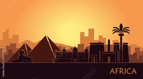 Abstract landscape with the sights of Africa at sunset