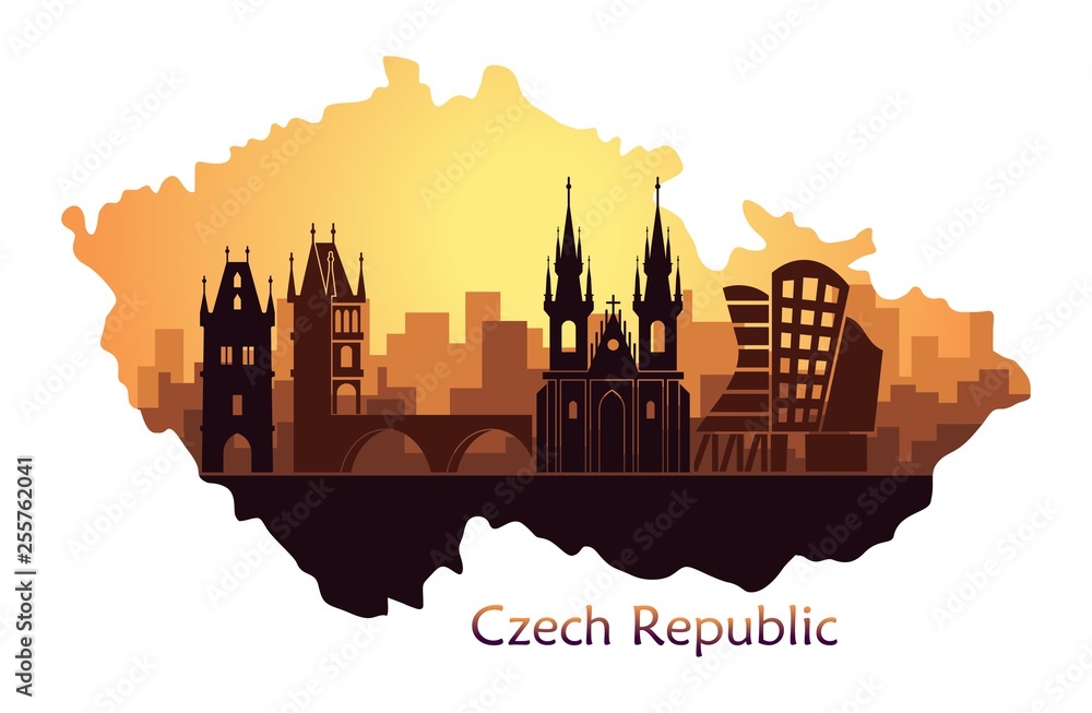 Landscape of Prague with sights. Abstract skyline in the form of a map of the Czech Republic