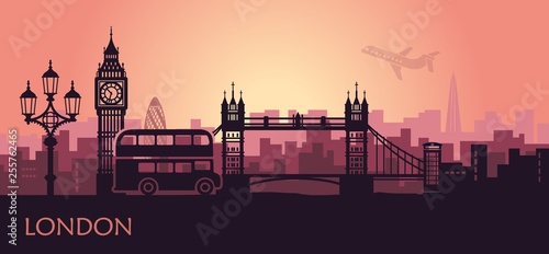 Abstract cityscape of London with the sights at sunset