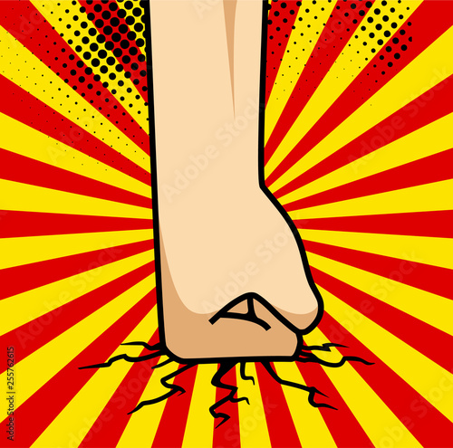 A pop art cartoon comics poster with fist and explosion bubble on comic background.