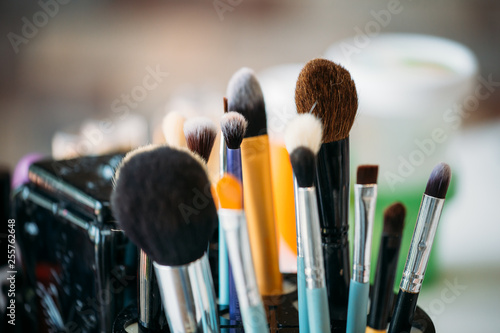 Closeup collection of different natural makeup brushes on table on blurred background