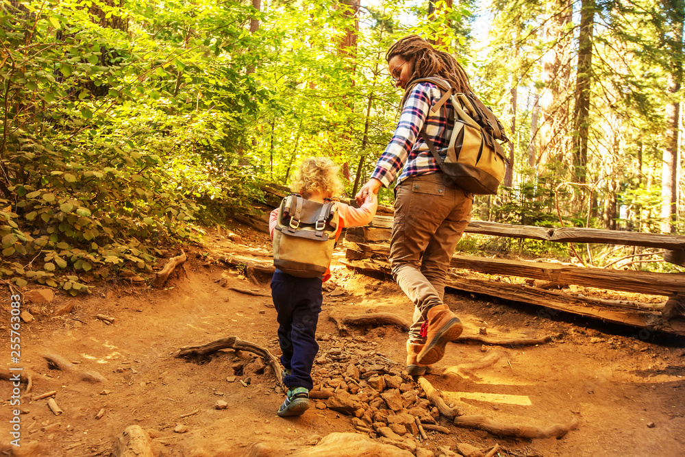 Fototapeta premium Mother with toddler visit Yosemite national park in California, USA