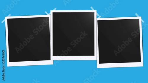 Realistic empty photo black blank frames batch mockup glued with tape. Make it with gradient mesh tool illustration. Vector template for collage to family album sticker on white borders and shadow.