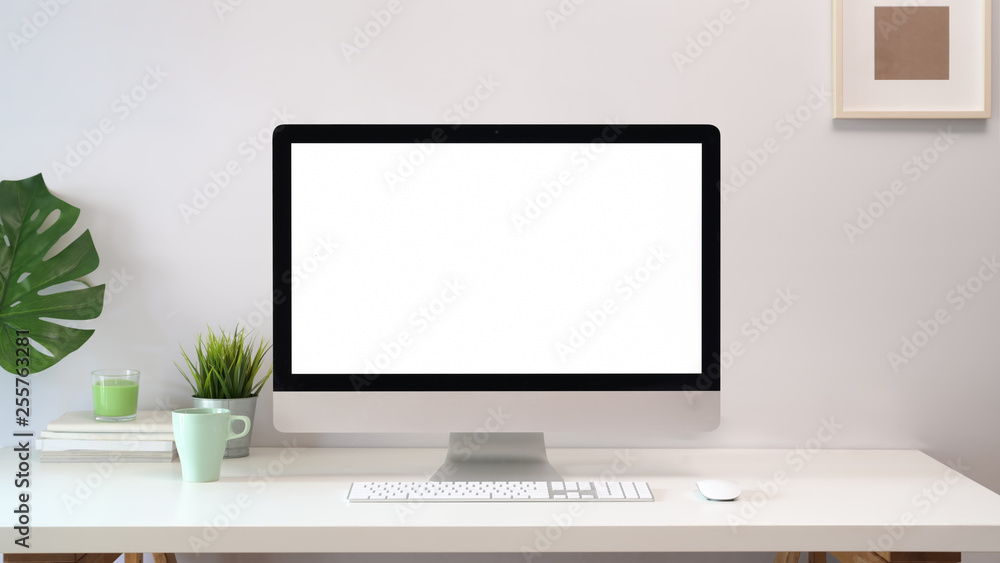Comfortable workplace with blank screen computer. Comfortable workplace with blank screen computer.
