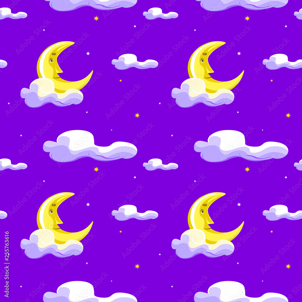 Cute moon, clouds and night sky with stars seamless pattern. Vector hand drawn illustration. Texture for printing, wrapping, wallpaper, fabric, and textile.