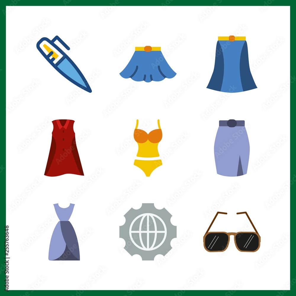9 elegant icon. Vector illustration elegant set. swimsuit and settings icons for elegant works 9 elegant icon. Vector illustration elegant set. swimsuit and settings icons for elegant works