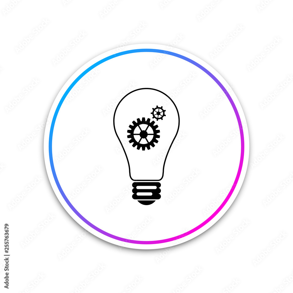 Light lamp icon isolated on white background. Bulb with gears and cogs working together symbol. Idea concept. Circle white button. Vector Illustration Light lamp icon isolated on white background. Bulb with gears and cogs working together symbol. Idea concept. Circle white button. Vector Illustration