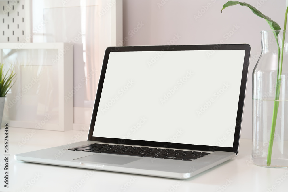 Mockup laptop on white wood workspace. Mockup laptop on white wood workspace.