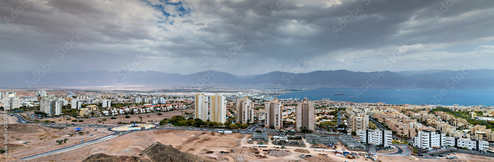 Panoramic aerial scenic view on Eilat (Israel) and Aqaba (Jordan) cities, rare cloudy day