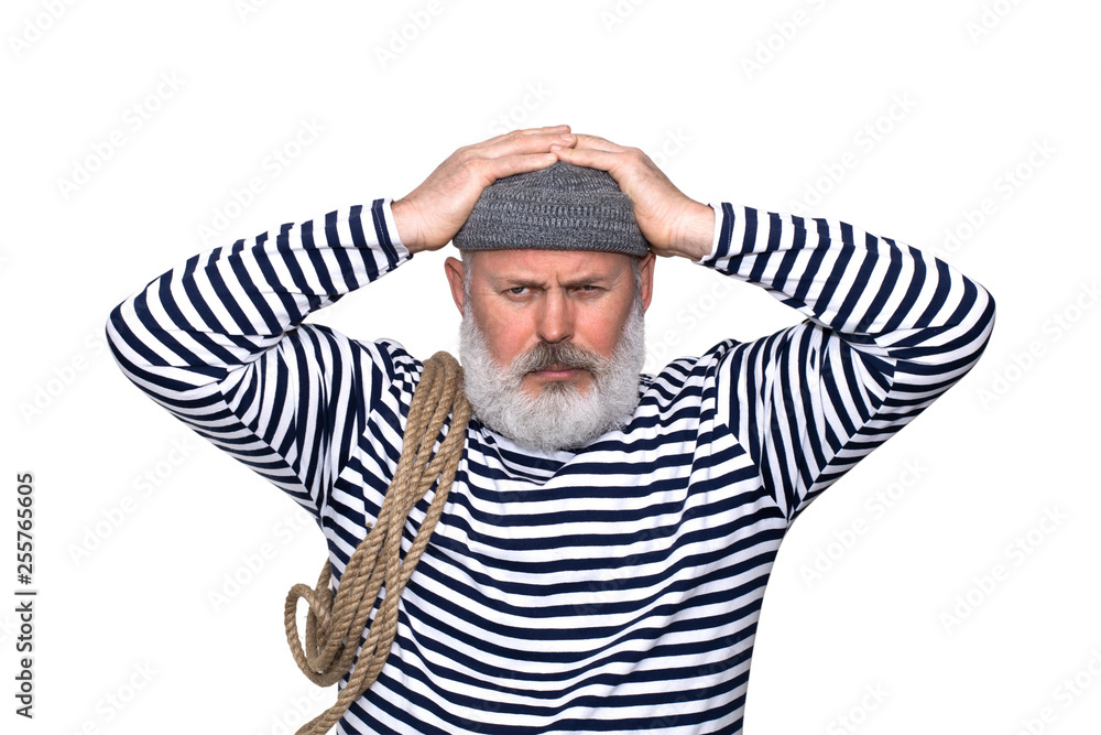 Sailor holds hands on his head with a rope on his shoulders. Problem situation Sailor holds hands on his head with a rope on his shoulders. Problem situation