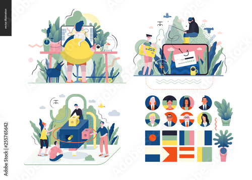 Technology 1 set - modern flat vector concept digital illustration- Home office, Phishing, Brand, Political leaders meeting. Creative landing web page design template