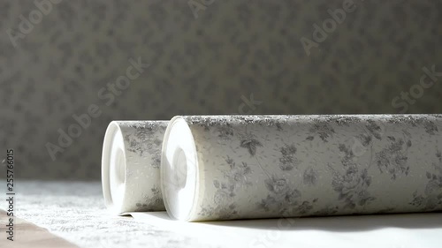Rolls of wallpaper and roller. Preparation for repair in the apartment.