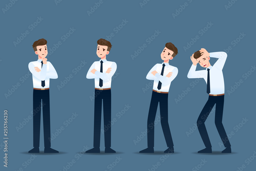 Set of businessman in 4 different gestures. People in business character poses like thinking, concern. Vector illustration design. Set of businessman in 4 different gestures. People in business character poses like thinking, concern. Vector illustration design.