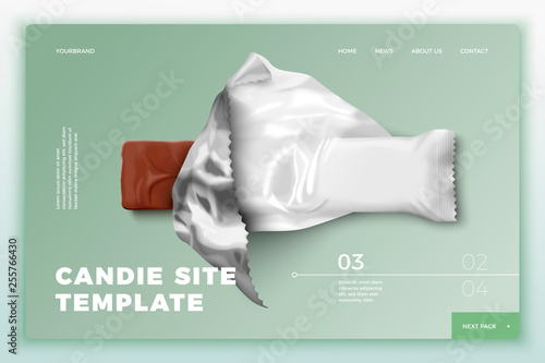 Vector realistic 3d candy bar on bright modern site template with typographic background. Mock-up for product package branding.