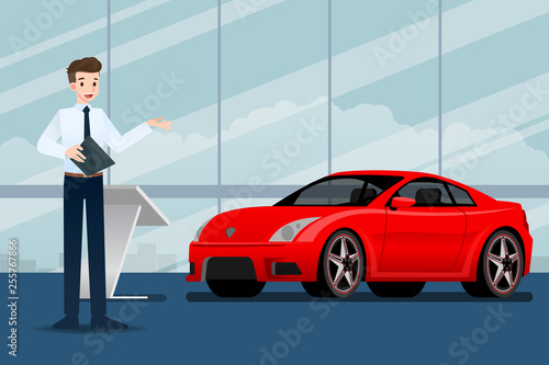 A happy businessman, salesman is standing and present  his luxury car that parked in the show room.Vector illustration design.
