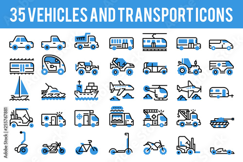 35 Vehicle and transport monocolor icons sign and symbols. Pixel perfect icon base on 64px