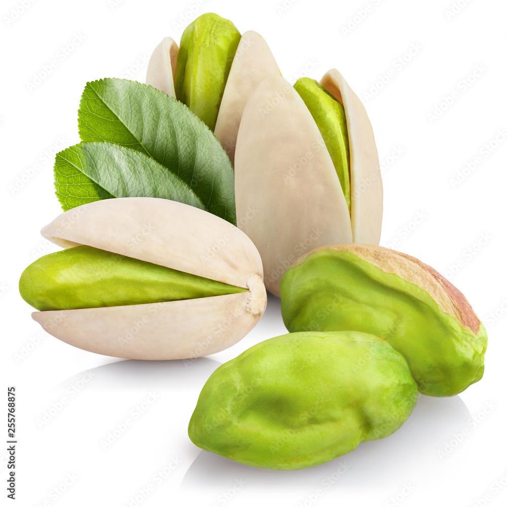 Delicious pistachios with leaves, isolated on white background Delicious pistachios with leaves, isolated on white background