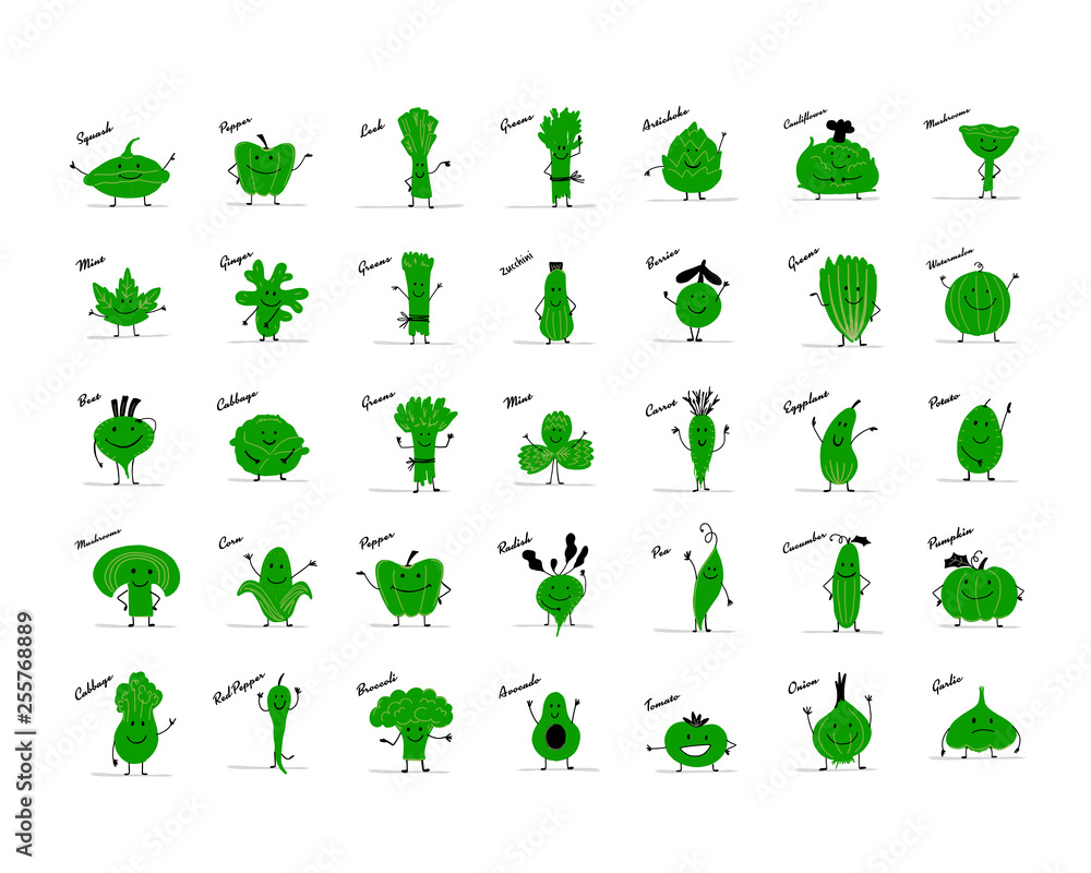 Funny smiling vegetables and greens, characters for your design Funny smiling vegetables and greens, characters for your design