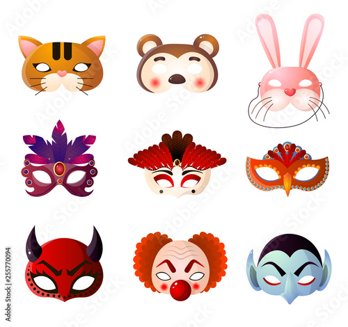 Set of carnival, halloween and animals masks isolated on white background