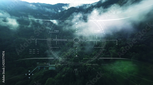 Foto Aerial view from the fighter plane's cockpit flying over the low cloud cover mou