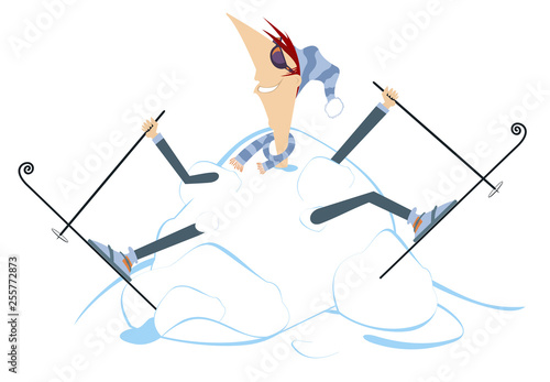 Cartoon skier and a big snowdrift illustration. Cartoon skier appears from the big snowdrift illustration