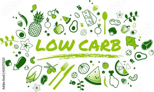 Low carb diet concept: healthy and well-balanced food items - vector illustration