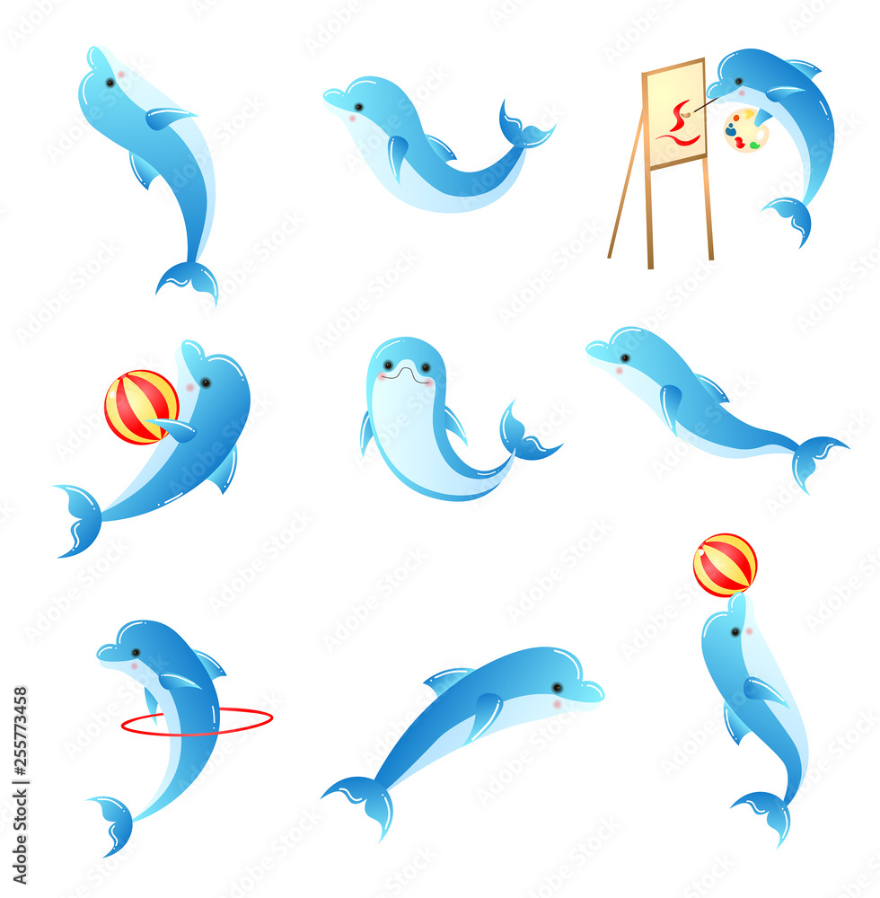 Set of cartoon small blue dolphins with different activities Set of cartoon small blue dolphins with different activities