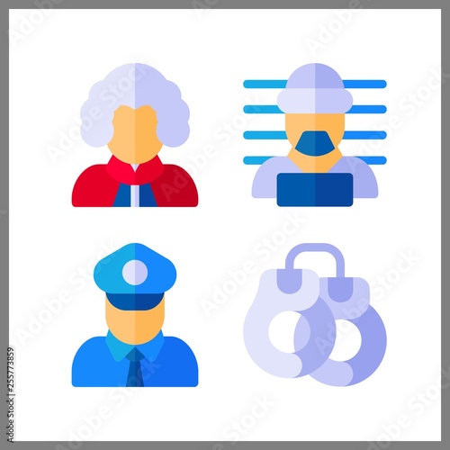 4 justice icon. Vector illustration justice set. policeman and criminal icons for justice works