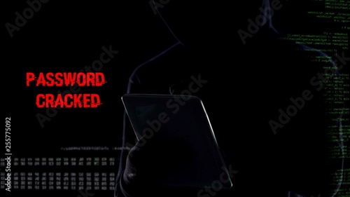Εκτύπωση καμβά Male in hood typing on tablet, cracking password, gathering personal data