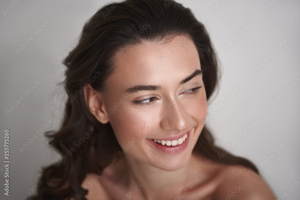 Close up portrait smiling pretty brunette woman Close up portrait smiling pretty brunette woman