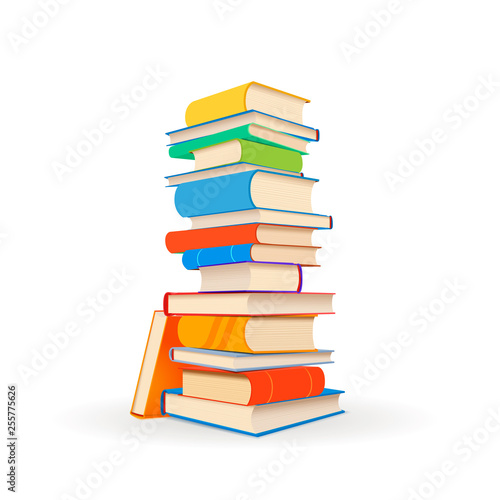 Stack of different colorful books on white