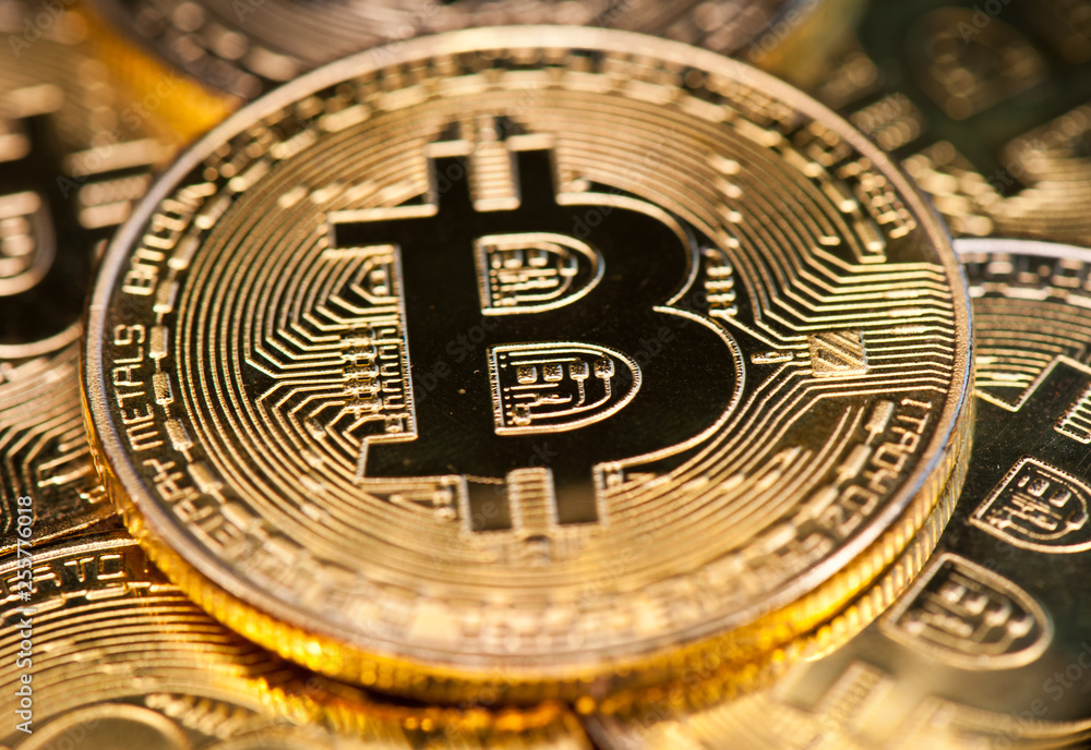 Bitcoins. Cryptocurrency, close-up