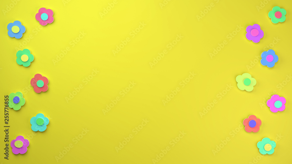 happy colourful flowers cut out of thick paper on a yellow background with an empty space in the middle happy colourful flowers cut out of thick paper on a yellow background with an empty space in the middle