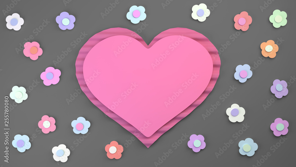 cute rose heart surrounded by small flowers in pastel rainbow colours, paper cut, on grey background, 3d illustration