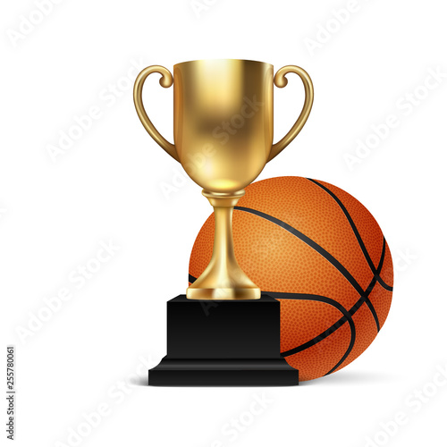 Realistic Vector 3d Blank Golden Champion Cup Icon wirh Basketball Set Closeup Isolated on White. Design Template of Championship Trophy. Sport Tournament Award, Gold Winner Cup and Victory Concept