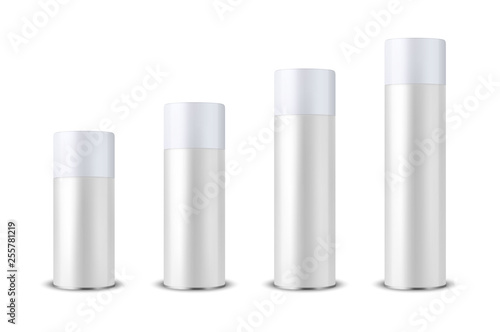 Vector 3d Realistic White Blank Spray Can, Spray Bottle with Cap Set Closeup Isolated on White Background. Design Template of Sprayer Can for Mock up, Package, Advertising, Hairspray, Deodorant etc