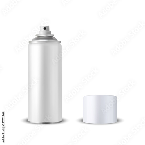 Vector 3d Realistic White Blank Spray Can, Spray Bottle with Cap Closeup Isolated on White Background. Design Template of Sprayer Can for Mock up, Package, Advertising, Hairspray, Deodorant etc