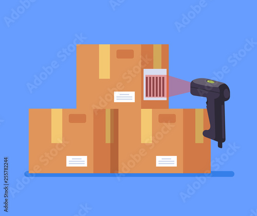 Barcode scanner scanning box label information data. Cargo delivery sale concept. Vector flat cartoon graphic design isolated icon illustration
