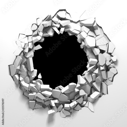 Fototapeta Naklejka Na Ścianę i Meble -  Dark destruction cracked hole in white stone wall