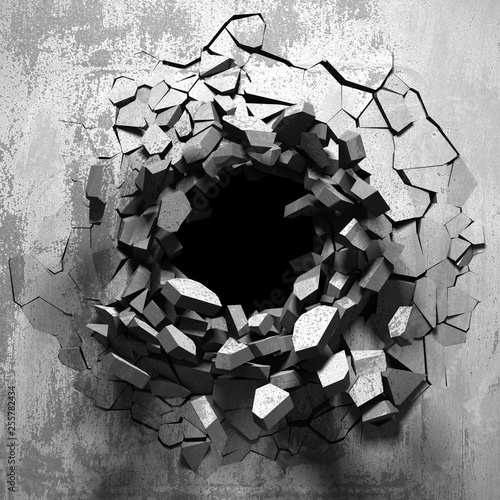 Fototapeta Naklejka Na Ścianę i Meble -  Dark cracked broken hole in concrete wall