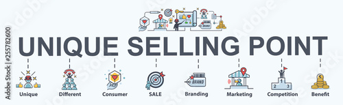 Unique selling proposition banner web icon for business and marketing, USP, consumer, competition, branding and different. Minimal vector infographic.