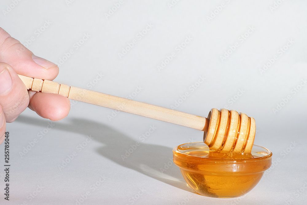honey dipper takes honey from a bowl full of honey on a white background.. honey dipper takes honey from a bowl full of honey on a white background..