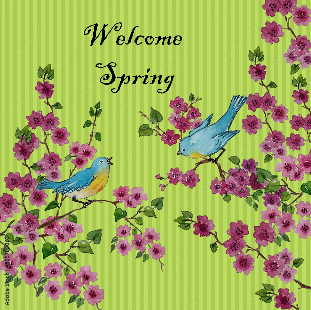 Welcome spring, birds on floral branches beautiful illustration background 
