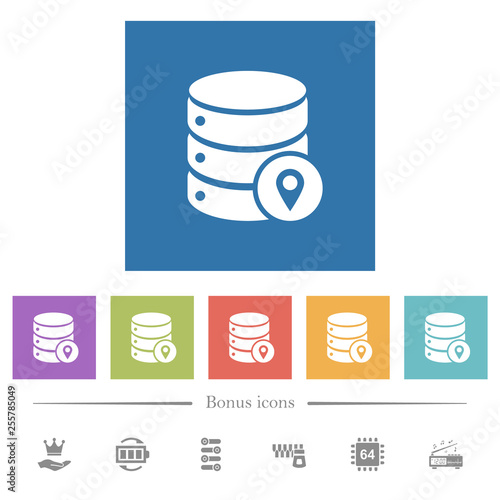 Database location flat white icons in square backgrounds