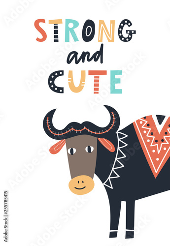 Strong and cute - Cute kids hand drawn nursery poster with cow and lettering on white background.